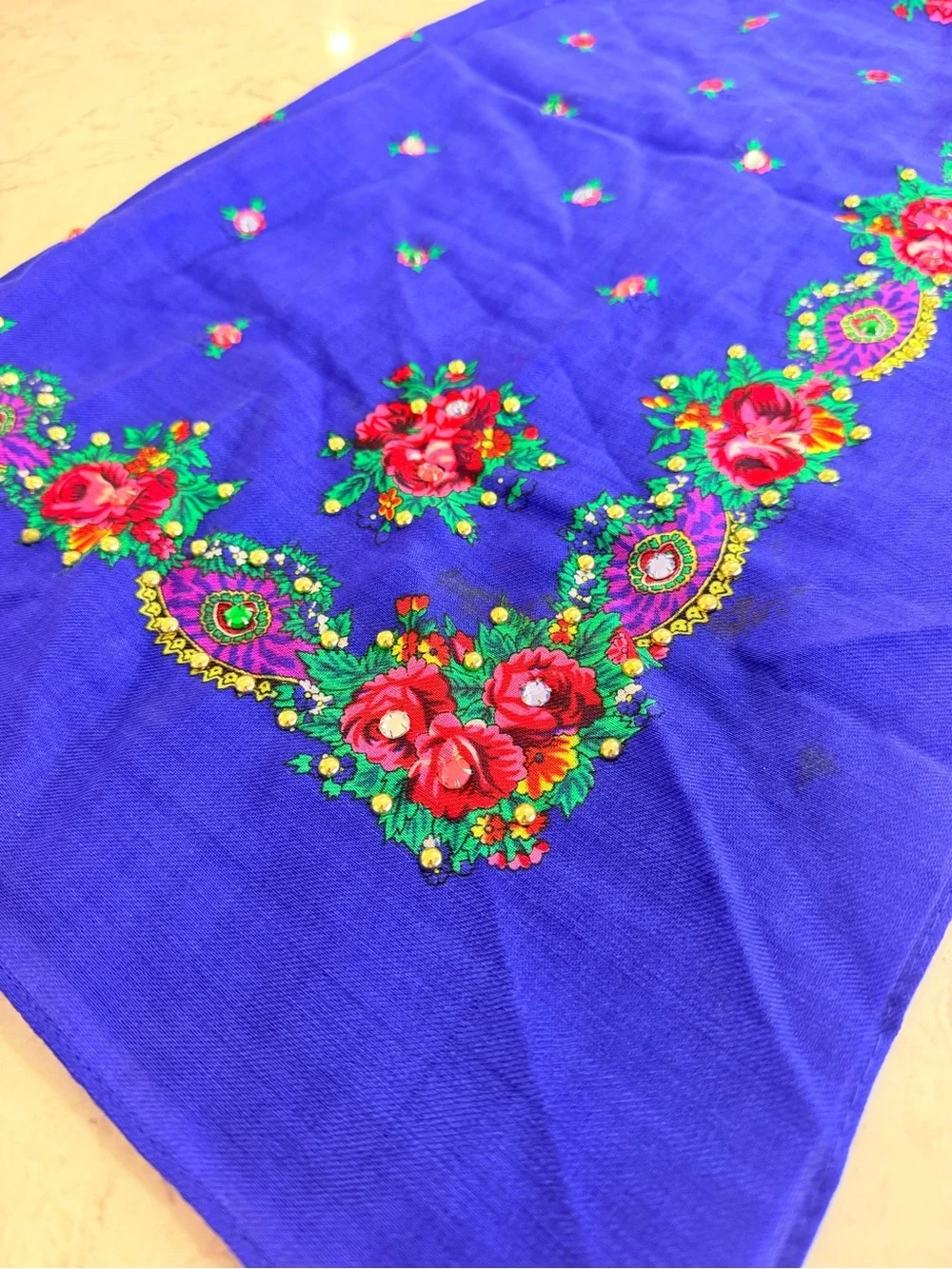 VTG Japanese Pure Virgin Wool Floral Scarf Blue Rhinestone Embellished